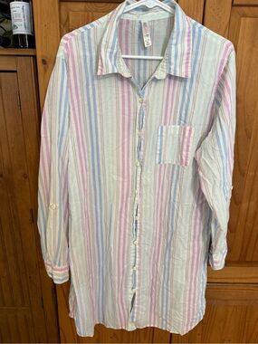 Gilligan & O'Malley Pastel Stripe Button-Down Shirt - Blue, Pink, Green